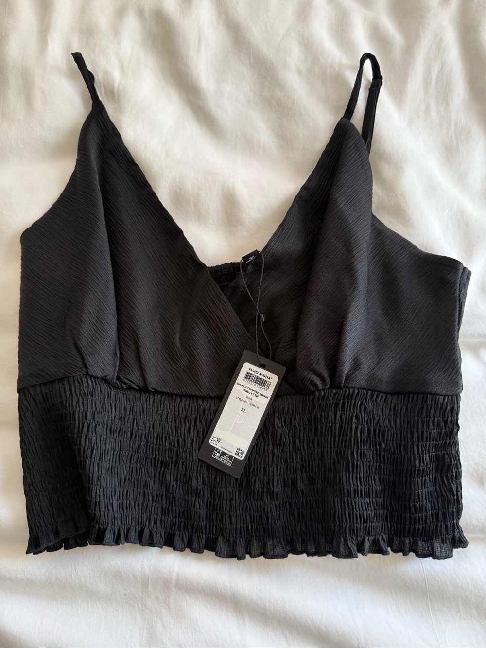Black Smocked V-Neck cropped Cami Top